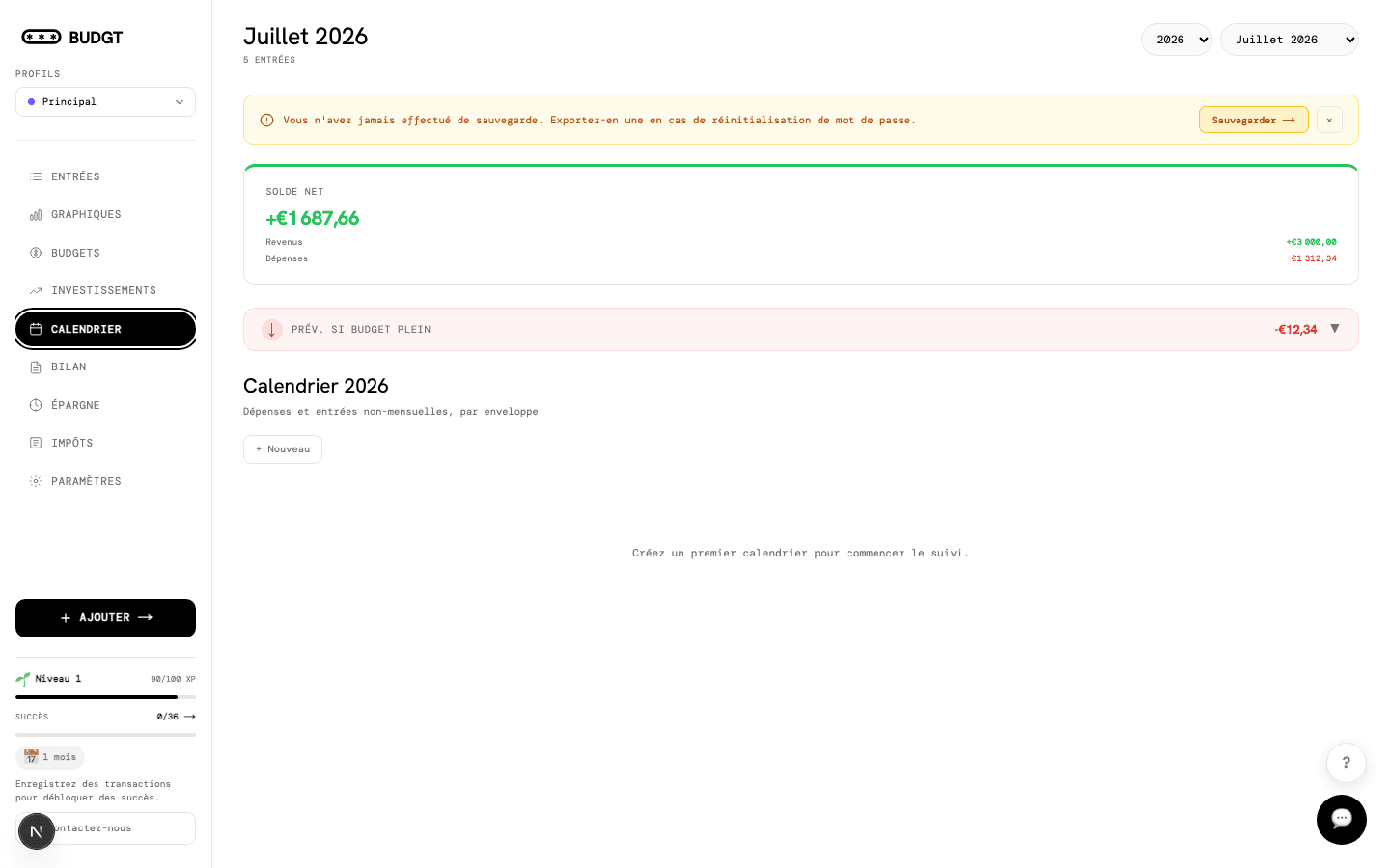 Onglet Calendrier de BUDGT pour les dépenses non-mensuelles