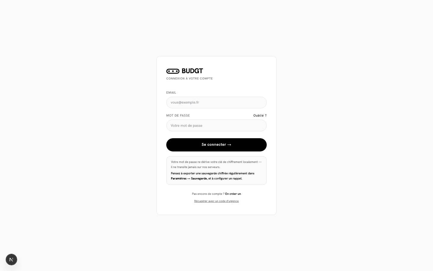 Page de connexion de BUDGT